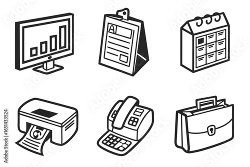 Office equipment icons isolated on white background for business and work