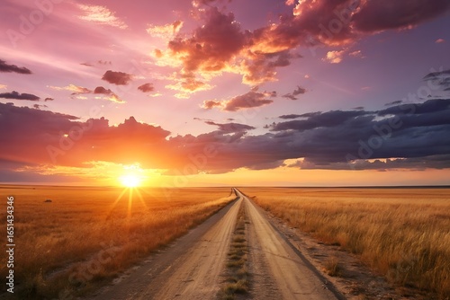 Dramatic Sunset Over a Dirt Road Leading Through Golden Fields Creating a Sense of Adventure and Serenity