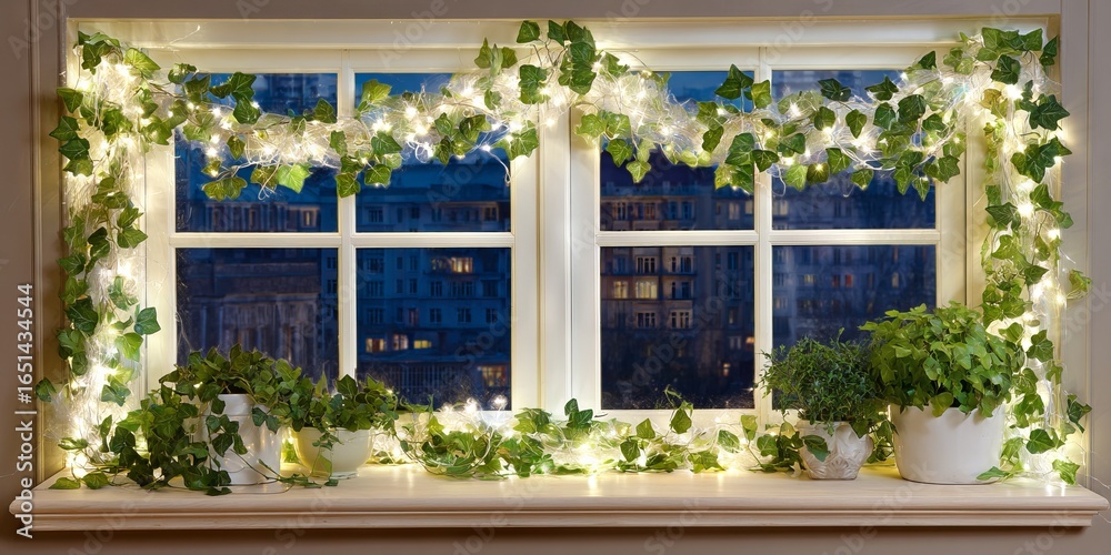 Fototapeta premium Cozy window adorned with lush green ivy and twinkling fairy lights, creating a warm ambiance in a modern interior setting during twilight hours