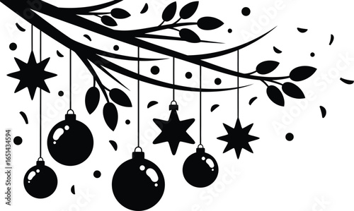 Black Christmas branch silhouette with hanging ornaments, winter holiday tree bough with baubles and stars, festive seasonal vector illustration