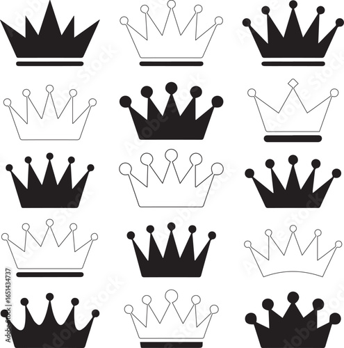 A simple black silhouette icon set of crowns as a symbol of royalty or business success for web and print design