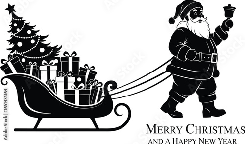 Vector art of santa claus pulling a sleigh full of christmas gifts and tree isolated on white background
