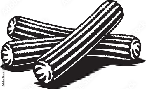 Halftone Grunge Vector Illustration of Sweet Churros with Sugar Topping in Vintage Monochrome Style