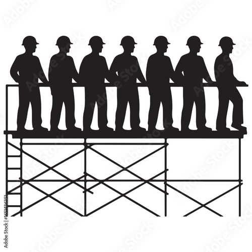 Black silhouette of seven construction workers in hard hats standing on scaffolding vector