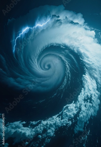 A mesmerizing blue spiral cloud formation in the sky, resembling a hurricane, with lightning illuminating its center, creating a dramatic contrast against the dark backdrop