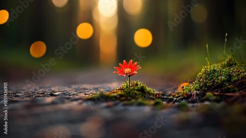 Solitary Blossom: A Red Flower in a Forest Path