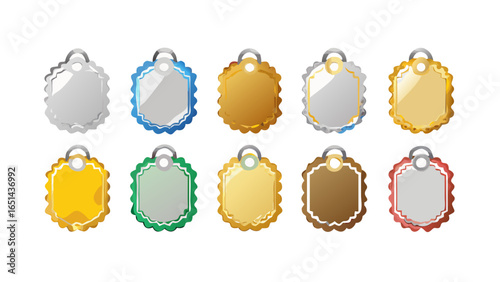 Collection of ten colorful ornate price tags with metal rings in various metallic shades and hues