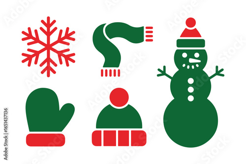 Festive christmas icons snowman scarf mitten hat snowflake