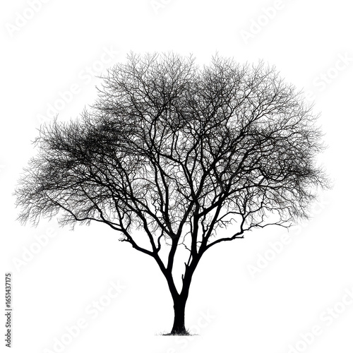 A black and white image of a solitary tree with intricate branches, isolated on transparent background