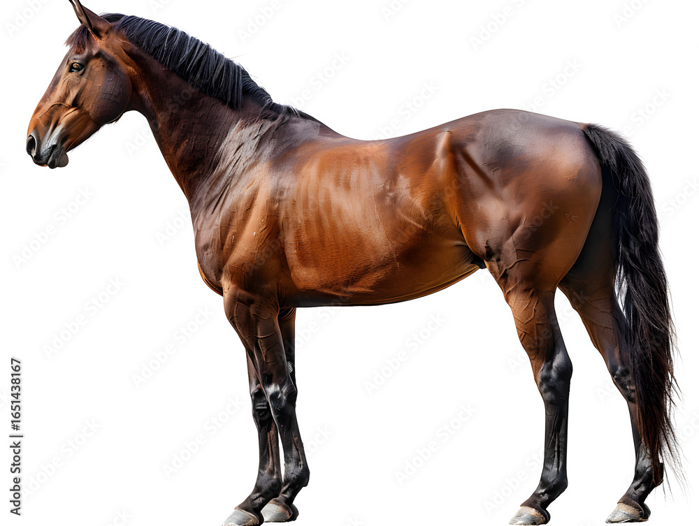 Obraz premium Clean macro photograph featuring Beautiful brown horse standing gracefully equine animal equestrian art isolated on transparent background, studio product photo on a clean white background, isolated