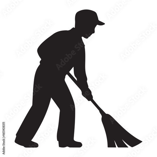 Black silhouette of a person wearing a cap sweeping with a broom cleaning