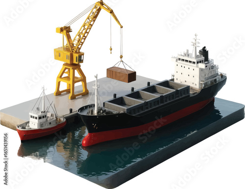 3D Realistic Glossy Harbor with Dock and Ships on transprent Background