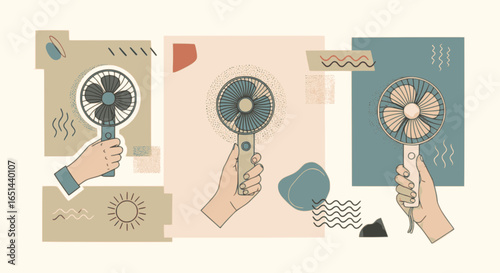 Modern handheld fans in muted earth tones with geometric abstract backgrounds showcase summer cooling solutions