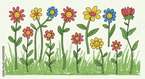 Cheerful hand-drawn flowers with smiling faces bloom in a whimsical garden scene with textured grass background