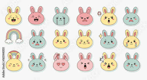 Adorable rabbit emoji stickers with various expressions showcase cute kawaii-style character emotions