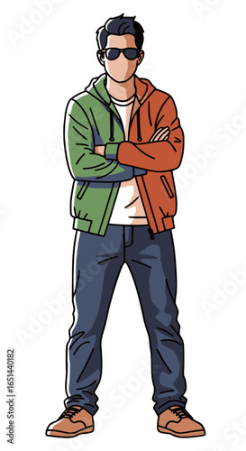 Cool young man in split-tone hoodie with sunglasses and crossed arms displays confident street style
