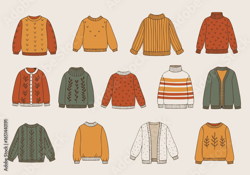Collection of cozy autumn sweaters and cardigans in warm earth tones showcases seasonal knitwear fashion