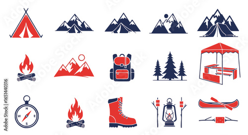 Outdoor adventure camping icons collection with mountains and gear