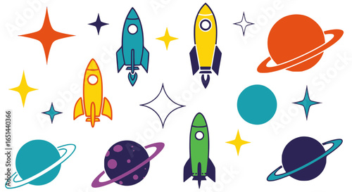 Colorful space exploration scene with rockets and planets