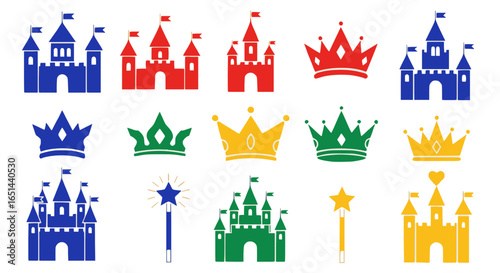 Medieval castle and crown collection in various bright colors and royal designs