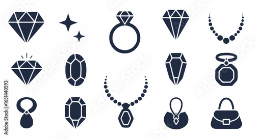 Luxury jewelry and gemstone icons featuring diamonds, rings and accessories in elegant navy tones