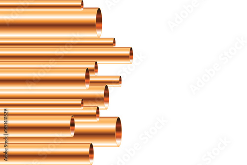 A variety of shiny copper pipes, stacked and staggered, create a geometric pattern against a stark white background. The pipes vary in width and appear new and unused.