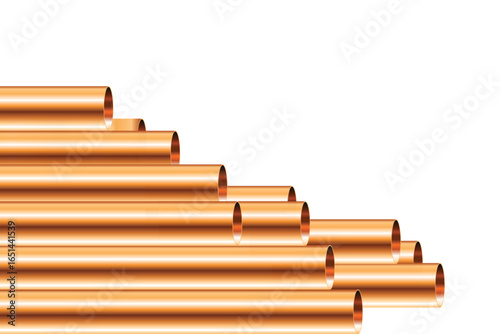 An arrangement of copper pipes stacked horizontally, creating a stepped pattern against a white background. The image focuses on the material and arrangement.