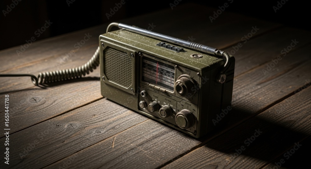 Fototapeta premium Military radio receiver on a rustic wooden table in a dimly lit setting. Old communication device for war and tactical use.