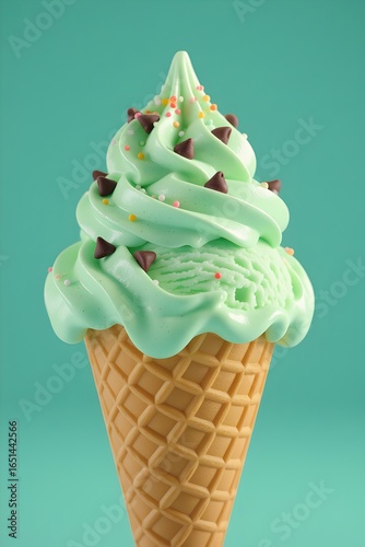 Refreshing and creamy mint soft serve ice cream in a crisp waffle cone, adorned with chocolate chips and colorful sprinkles, against a vibrant turquoise background.