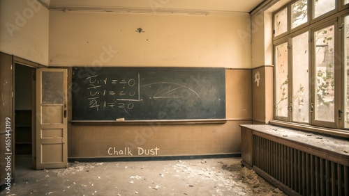 Abandoned classroom with chalkboard and dusty window