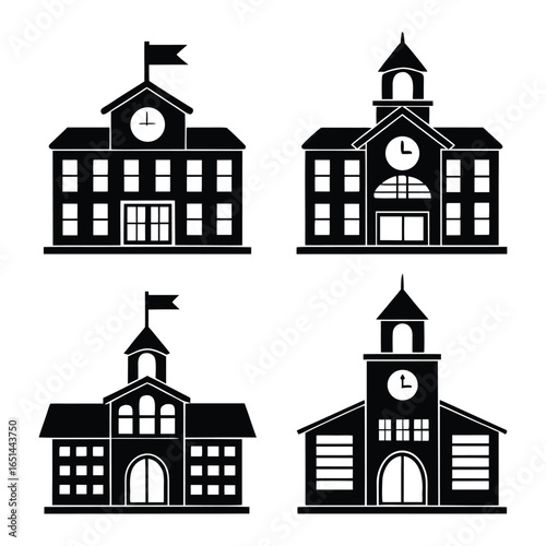Collection of four stylized black silhouette buildings featuring clock towers and flags representing educational institutions or historic architecture