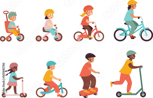 Kids riding bicycles, scooters, skateboard, balance bike, child transport illustration.