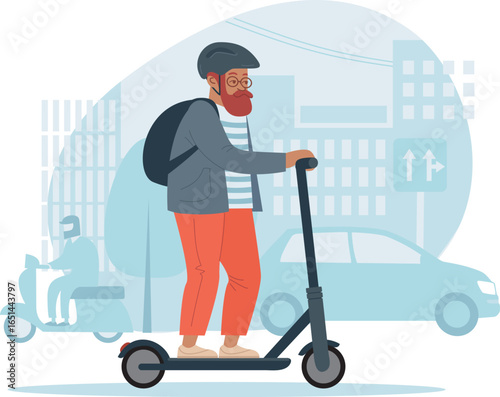 Adult man riding electric scooter on busy city street