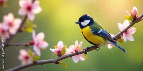 Vibrant great tit perched on blossoming branch, spring sunlight , branch, bright