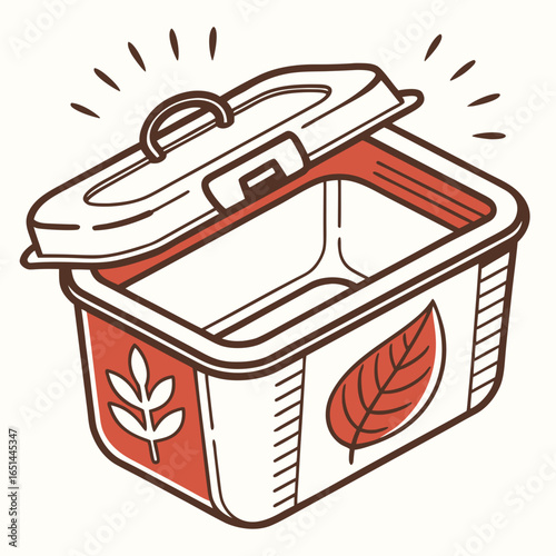 Vector illustration of a stylish food storage container with leaf design for eco-friendly meal prep
