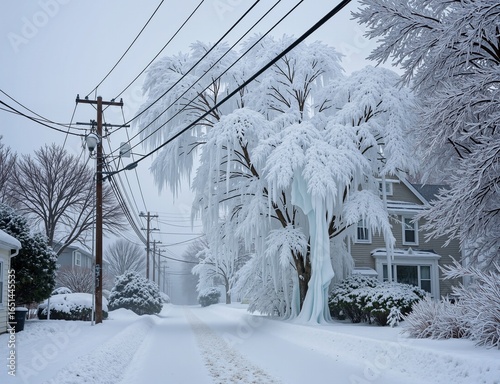 A serene winter scene with a snowcovered street lined with houses, trees, and power lines, all blanketed in frost and ice