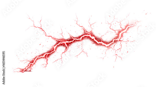 Vibrant red lightning strike crackles across a clean white background, symbolizing energy and power.