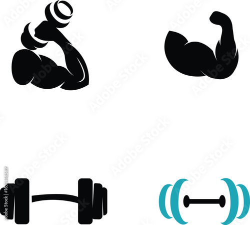 Dumbbell and barbell black silhouette, Dumbbell weight vector, Gym dumbbell icon collection Set
