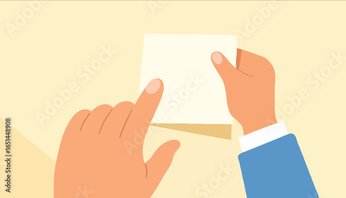 Hand Placing Yellow Sticky Note - Office Organization Vector Illustration for Productivity and Task Management Applications