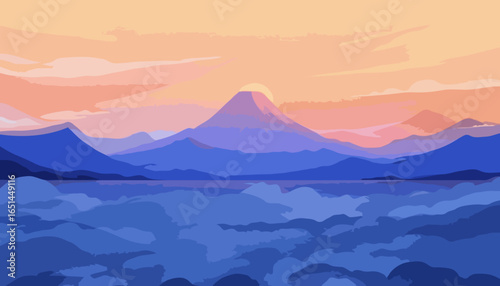 Dramatic Mountain Ridge Overlooking Sea with Clouds - Coastal Landscape Vector Illustration for Travel and Nature Content