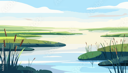 Tranquil Marshland with Tall Reeds - Wetland Ecosystem Vector Illustration for Environmental and Nature Conservation Content