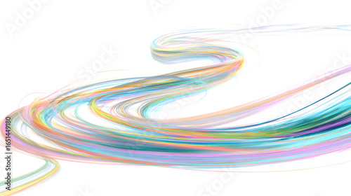 Flowing abstract colorful light trails dance across a clean white background, evoking movement and energy.