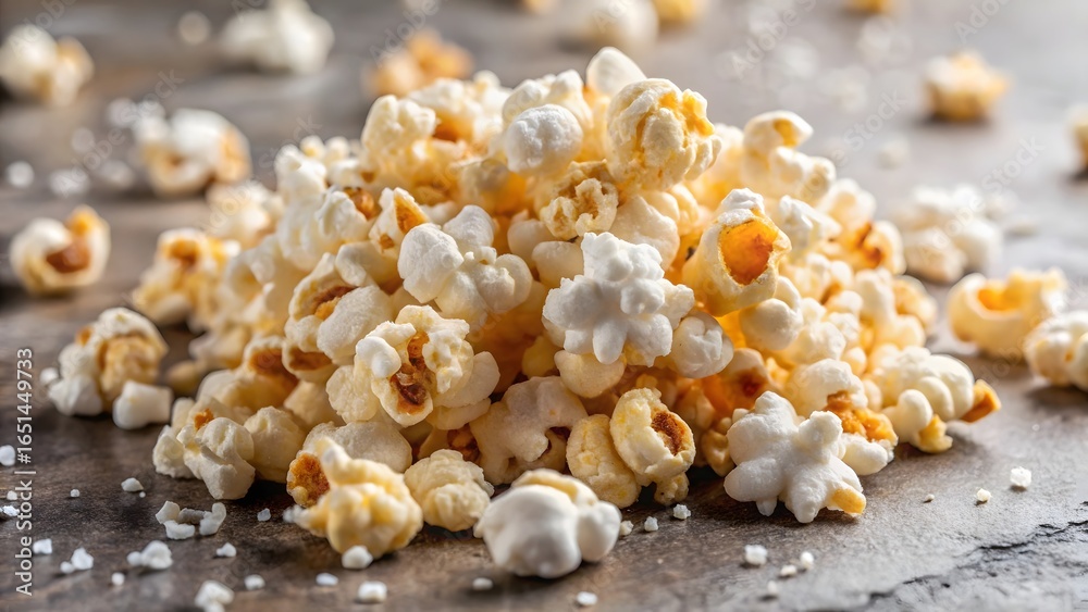Fototapeta premium Deliciously fluffy popcorn with salt, perfect for movie night, events, or snack time enjoyment