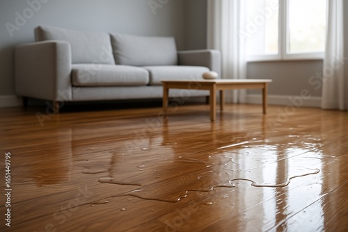 Flooded apartment with reflections on the wet floor.