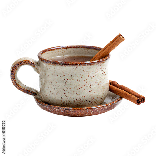 Cozy ceramic mug filled with warm beverage and infused with aromatic cinnamon sticks, perfect for a relaxing winter moment.