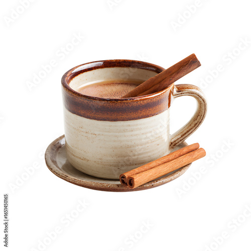 Cozy ceramic mug filled with warm spiced beverage and cinnamon sticks, perfect for a comforting autumn or winter treat.