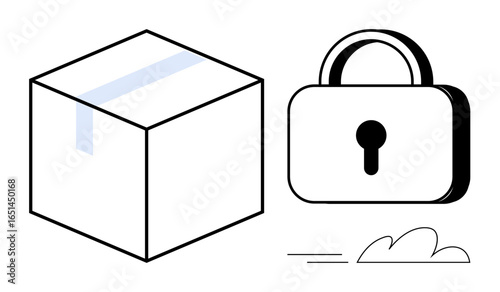 Closed shipping box next to a secure padlock, representing safety, security, and reliable delivery. Ideal for logistics, storage, privacy, trust protection e-commerce safety. Simple flat metaphor