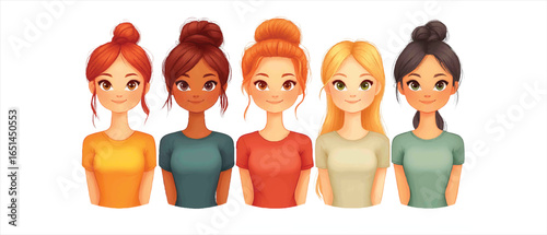 Широкий форматDiverse group of girls with different hairstyles and outfits standing together, showcasing beauty and friendship in a lively setting