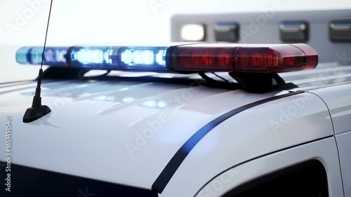 Close-up shot of a white emergency vehicle featuring flashing blue and red lights mounted on the roof