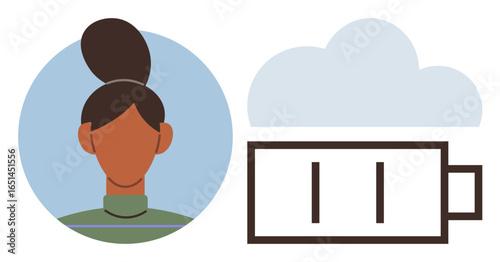 Portrait of a woman next to a low battery icon under a cloud, representing exhaustion, low energy, and emotional depletion. Ideal for themes including mental health, stress, burnout, recovery, rest